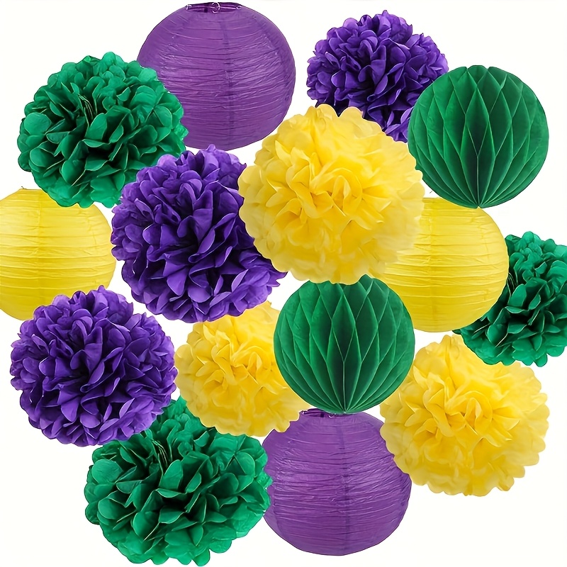 

9-pack Mardi Gras Party Decorations, Purple Green Yellow Paper Lanterns And Pom Poms, Use Festive Decor For Birthday And Carnival Celebrations, Paper Craft Supplies, No Electricity Needed