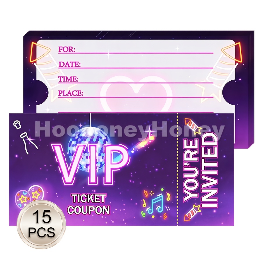 TEMU 15pcs Of Party Invitations, Neon-themed Birthday Invites, Concert Invitation Cards, Party Decorations, Movie Party Invitations, Purple Neon