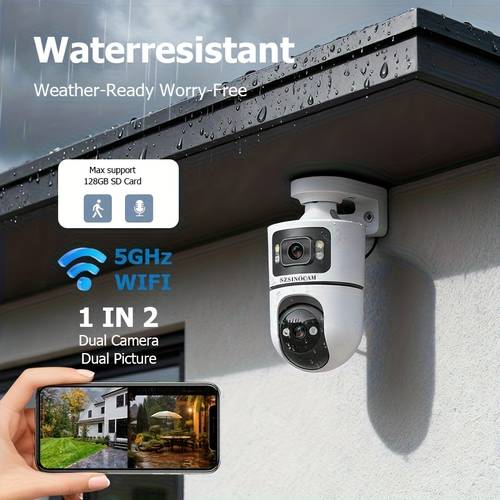 2.4g与5ghz双频wifi 4k户外双镜头无线安防摄像头,具备双镜头设计、防雨旋转功能、夜视模式、动态侦测、双向通话、wifi连接功能——适用于图像监控与圣诞万圣节装饰,可作为感恩节礼物,家用安防摄像头