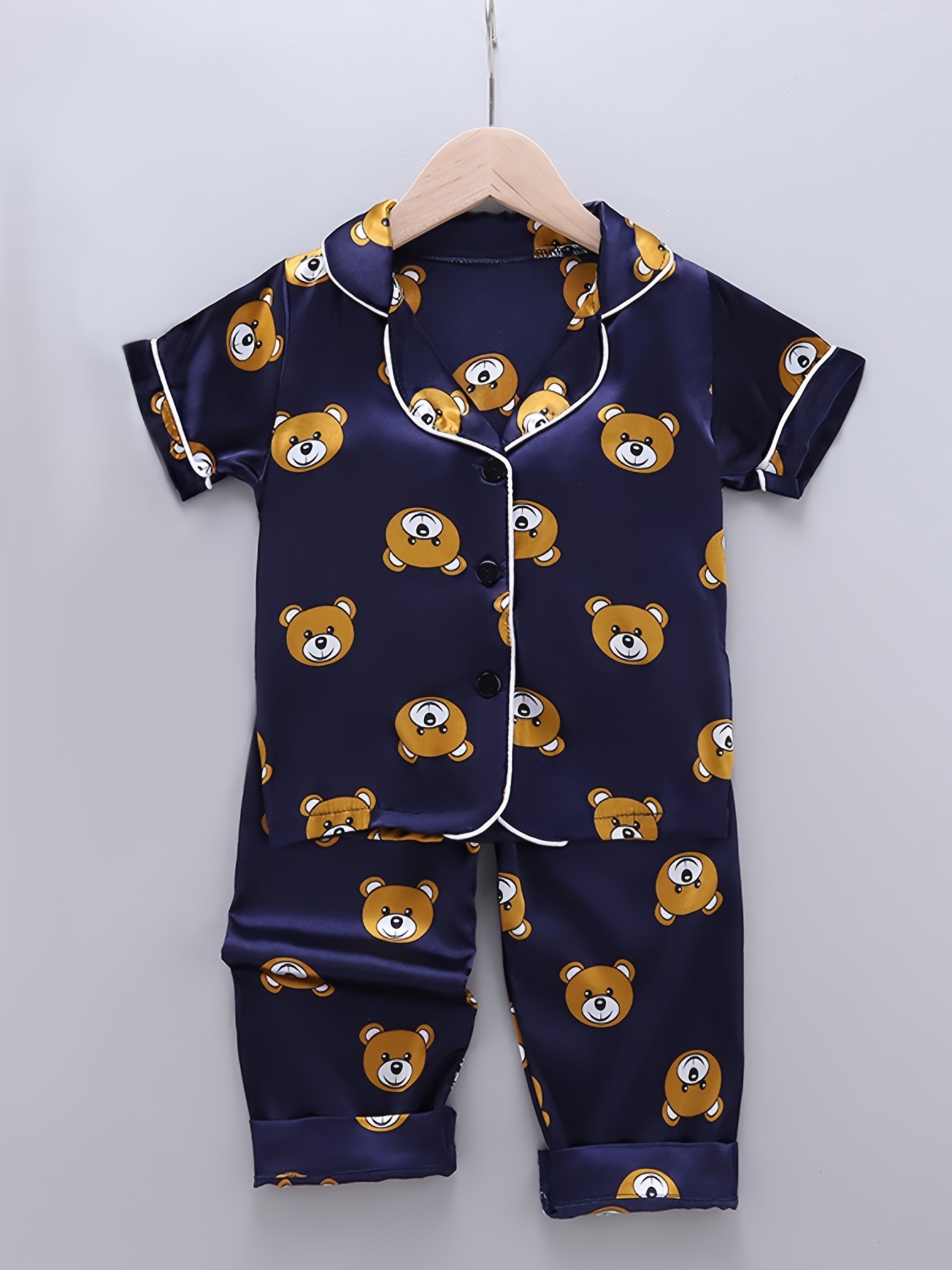 item picture kids summer cartoon bear pajama set boys casual sleepwear with lapel collar regular sleeve short shirt and pants 100 polyester   stretch button detail woven fabric 1615 flame retardant tested