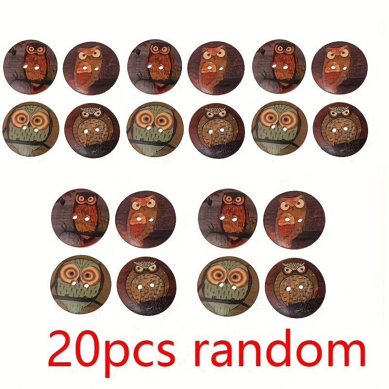 Image of 20pcs Cartoon Owl Wooden Buttons - 2-hole Round Handmade Buttons - Suitable For Sweaters, Hats, Crafts And Decoration, Random Color