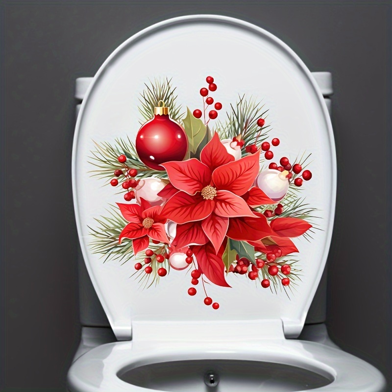 

Christmas Poinsettia And Ornaments Toilet Lid Decal - Self-adhesive Festive Bathroom Decoration, Square Shape, Semi-glossy Finish, Single Use, Flower Pattern, Suitable For Plastic Surfaces