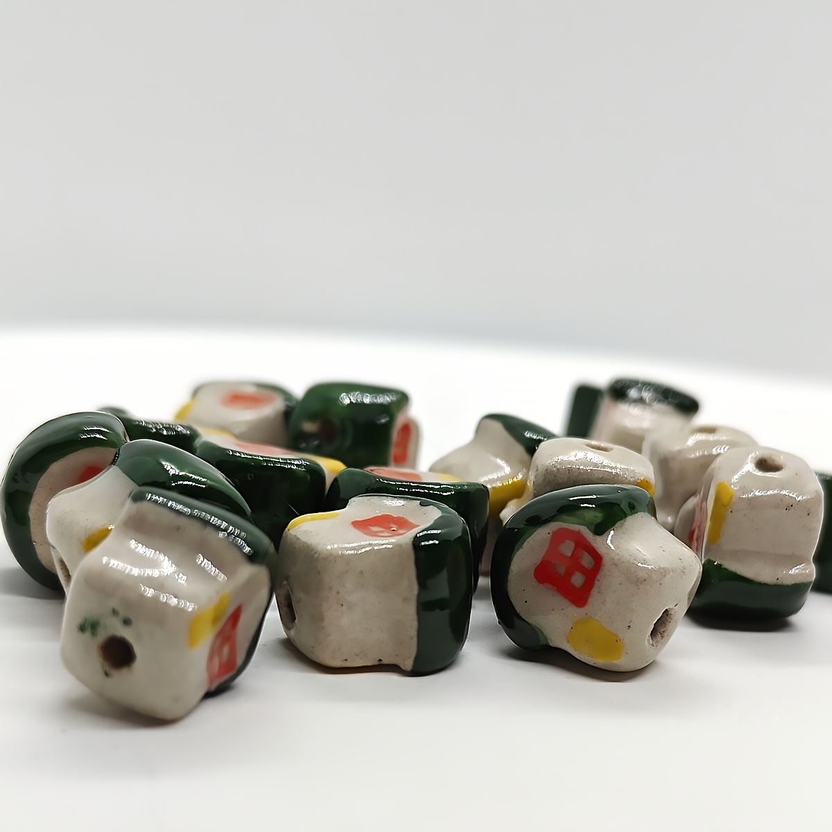 4pcs Vintage Green House Ceramic Beads for Jewellery Making