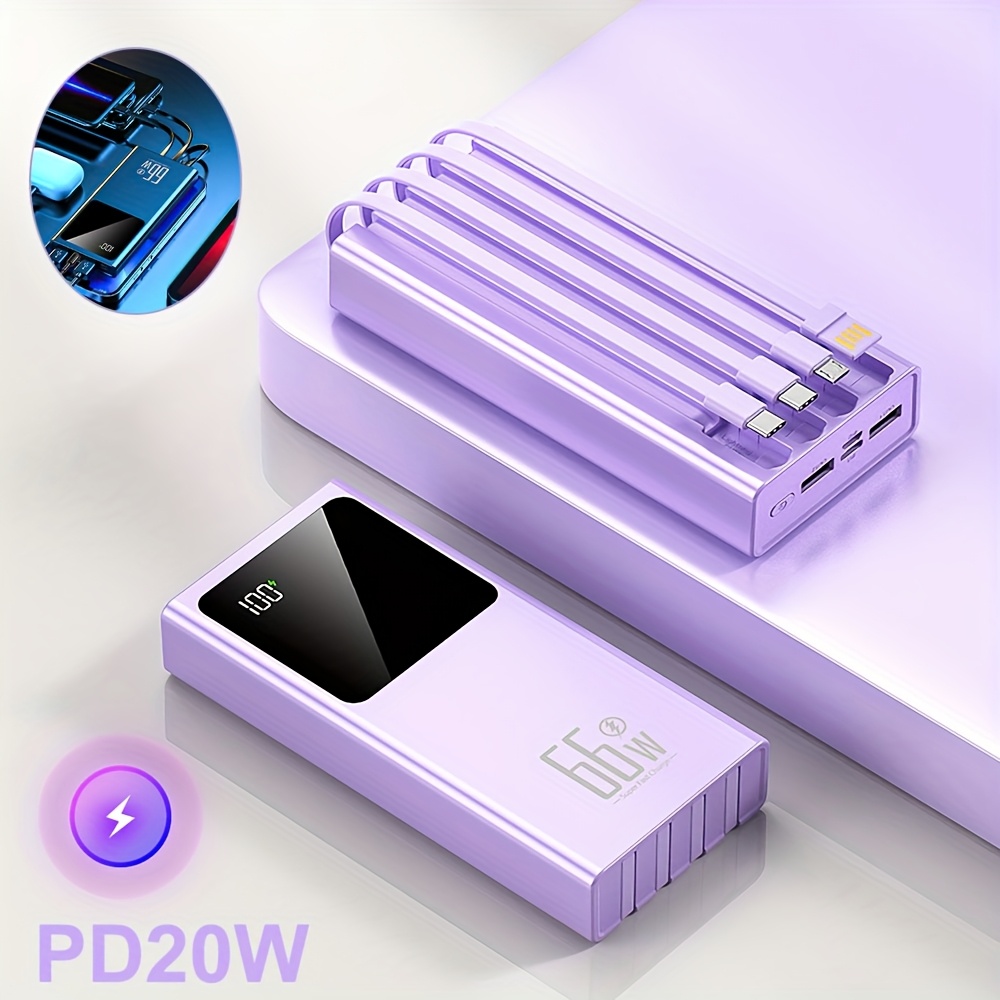 TEMU 66w/pd20w Portable Charger With Built-in Cables, 25000mah Power Bank, Fast Charging Usb C Battery Pack, Travel Essentials Powerbank