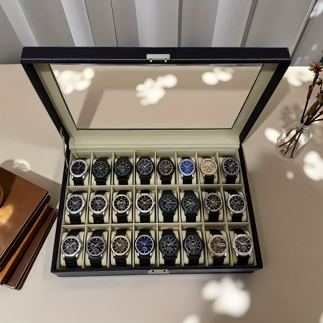 Watch Box with 24 Slots, Compact and Cute, Portable Practical. Made of Premium   Leather Material, Exquisite  , Durable and Stylish. Watch Box Divided into 24 Compartments for Easy   Management of Cluttered Watches. The Watch Storage Box Prevents Loss of Watches.   Watch Case Does Not     Space