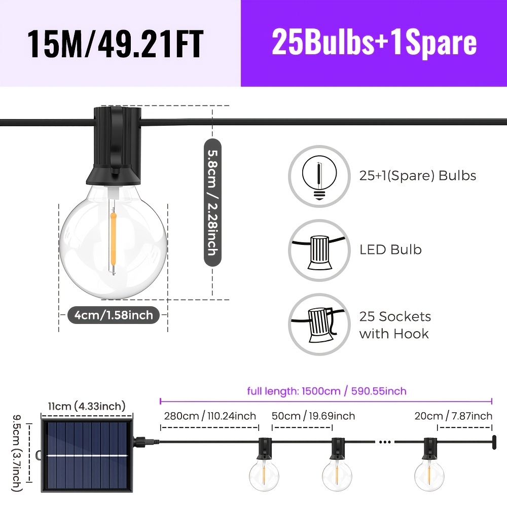 Image of Solar G40 String Lights, Up To 18m, Ip65, 8 Mode, Timer, Dimmable, Clear Bulbs With Warm Filaments, Hang On Patio/garden, Auto Turn , Perfect Ambiance Light