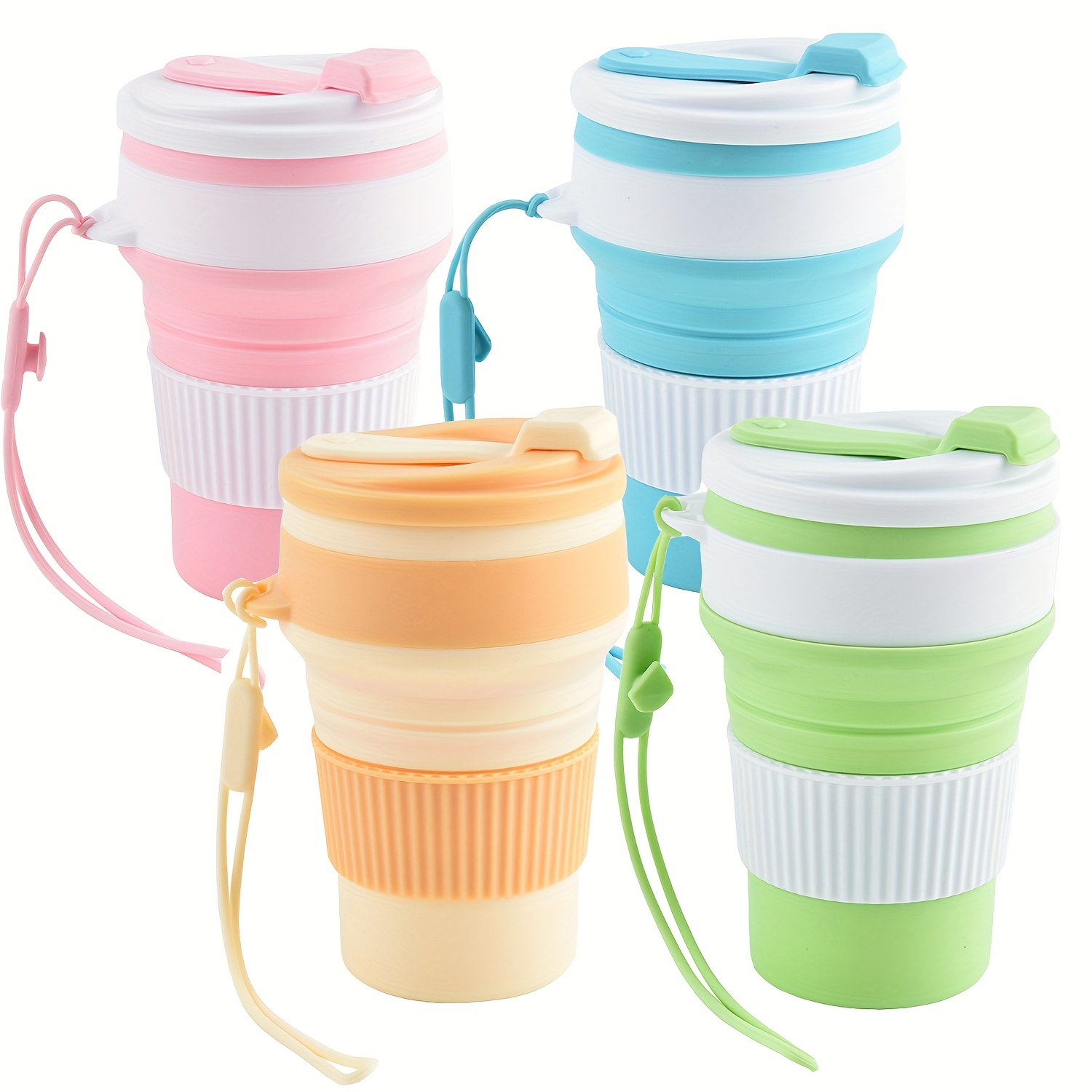 

1pc Collapsible Silicone Travel Cup With Lid - Portable & Foldable, Ribbed Texture For , Includes Carrying Strap, Camping & Travel, In Orange, Pink, Green