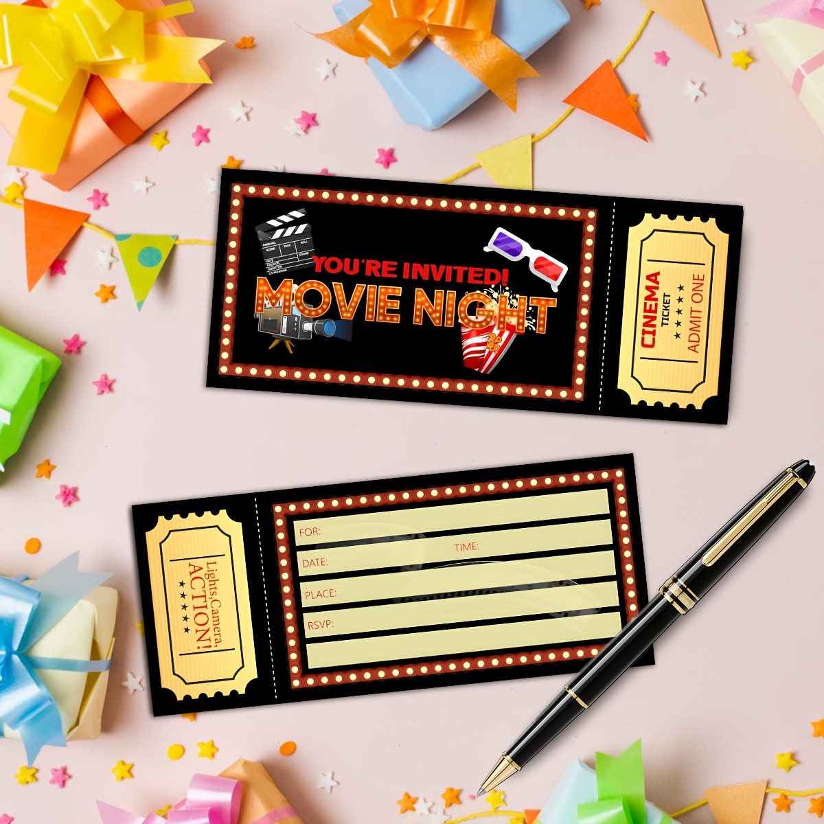 TEMU 20pcs Movie Party Invitations - Double-sided Design With Movie , Perfect For Birthday Parties, Movie Watching, And More - Durable Paper, No
