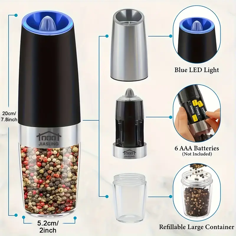 2pcs gravity powered electric salt and pepper grinder battery powered led handed automatic operation adjustable coarse grinder grinder black rocking chair gadget gift battery powered Product details 8