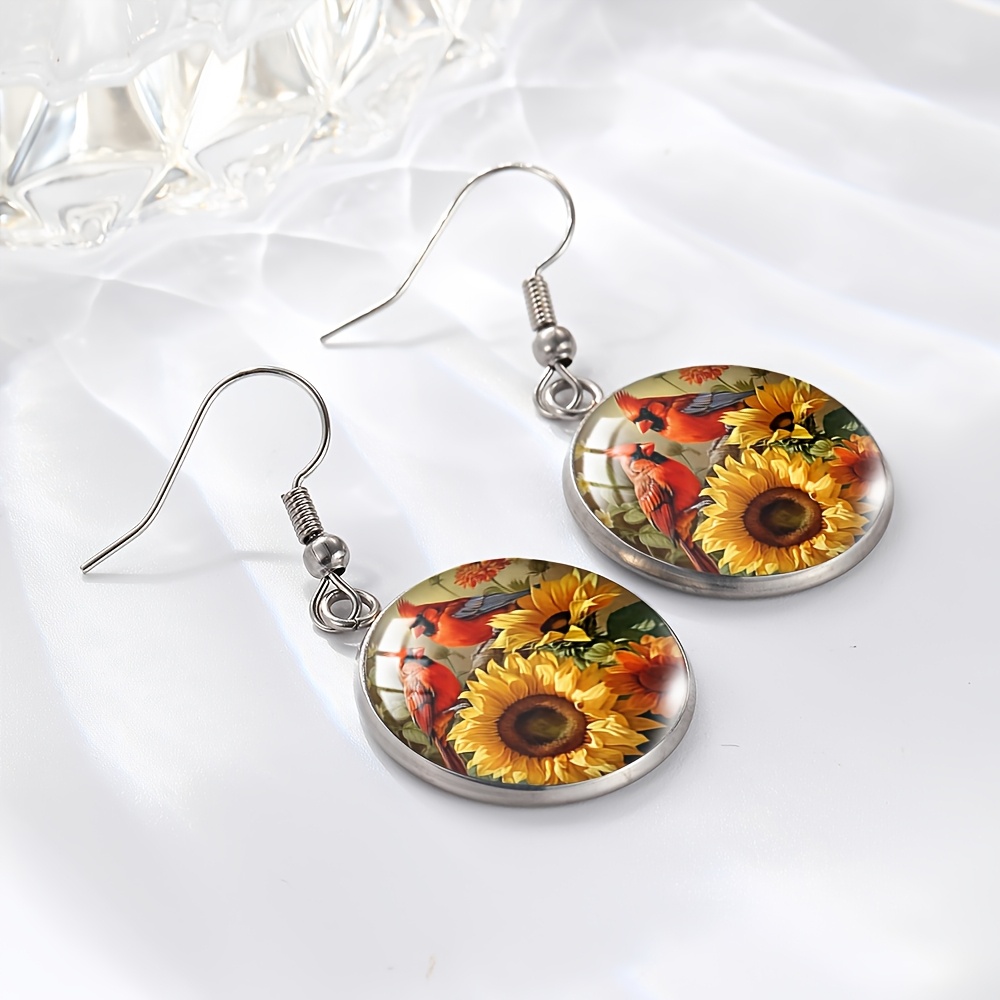 Sunflower And Red-Billed Bird Glass Dome Dangle Earrings