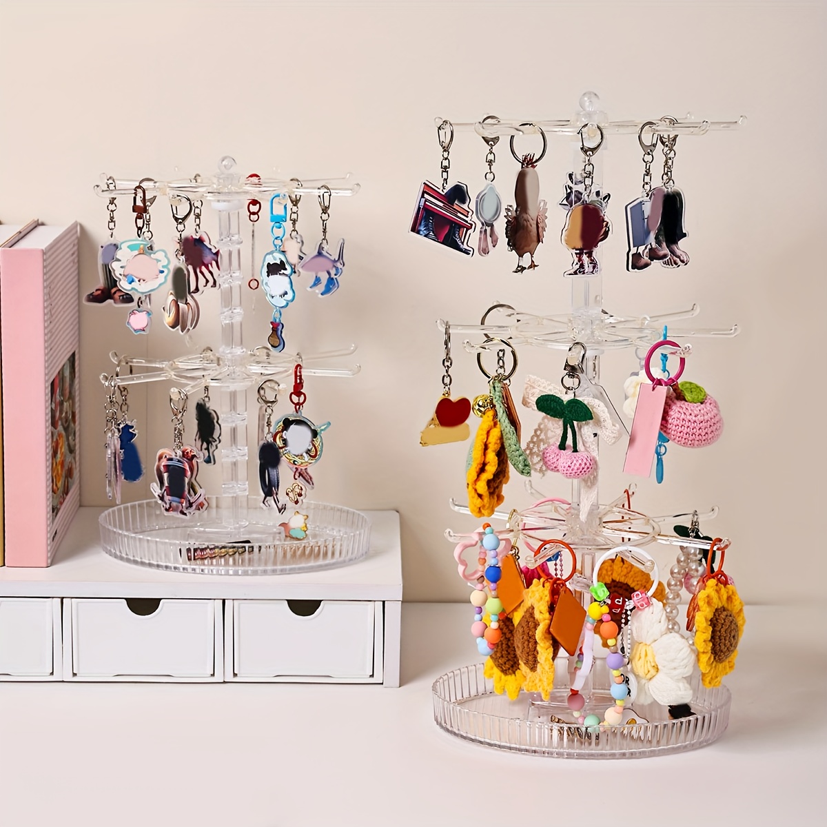Black/Transparent Rotatable Key Hook Rack, Adjustable Height Jewelry Organizer