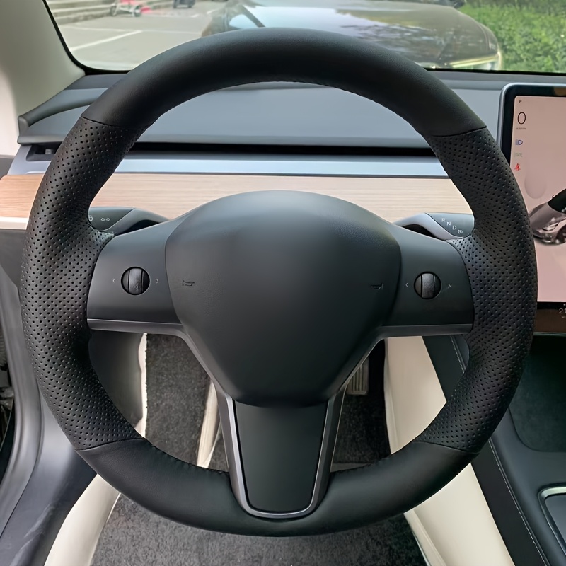 TEMU Hand-sewn Steering Wheel Cover, Hand-sewn Handle Cover, Comfortable To The Touch, Suitable For , Suitable For 2019-2022 Model 3, 2021-2023 ,
