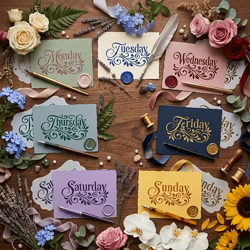 7pcs Reusable Calligraphy Letter Stencils with Floral Templates