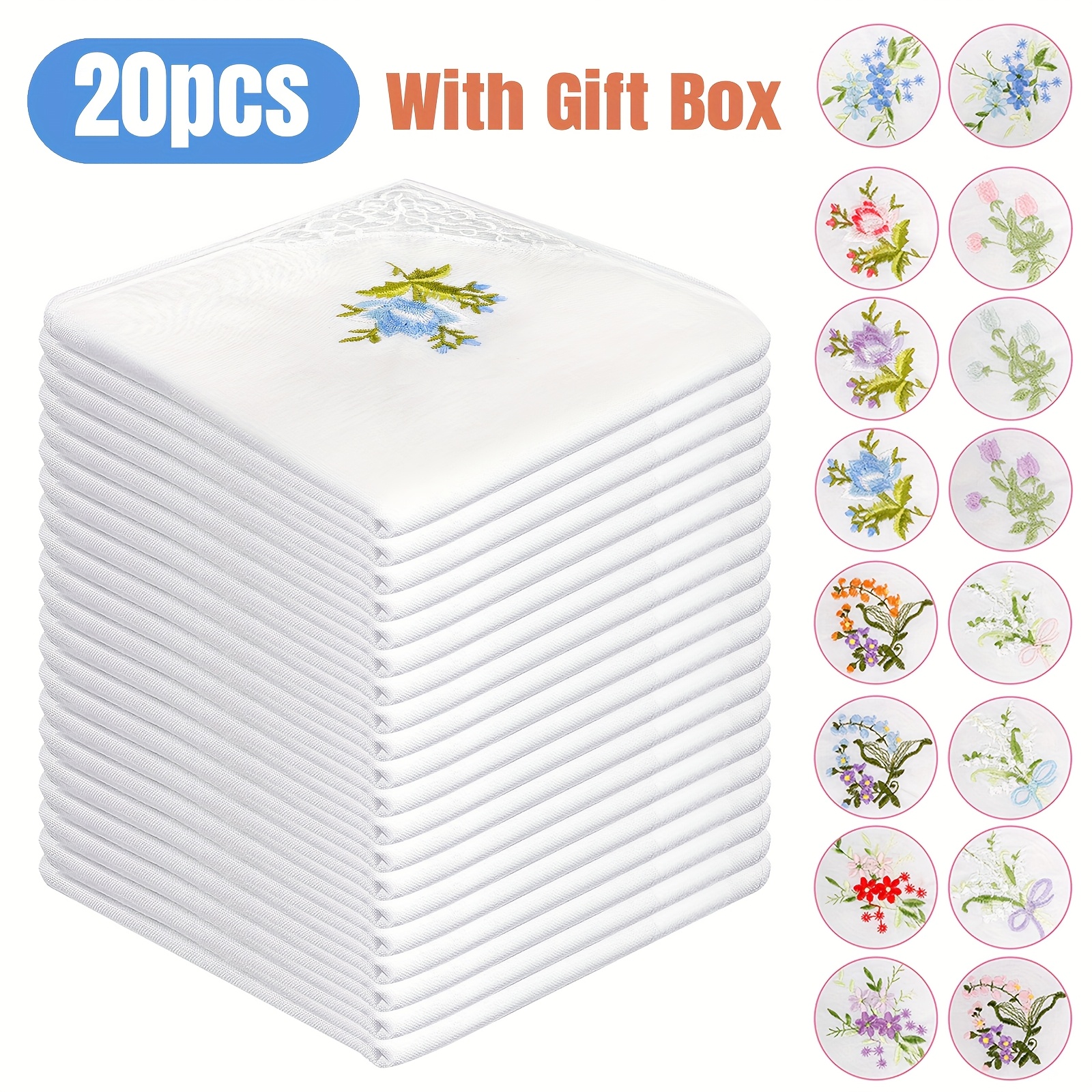 TEMU Set Of 20 Floral-embroidered Handkerchiefs For Ladies, Measuring 11 Inches, Made Of Soft, Featuring Elegant White Lace Edges, Perfect As A Gift