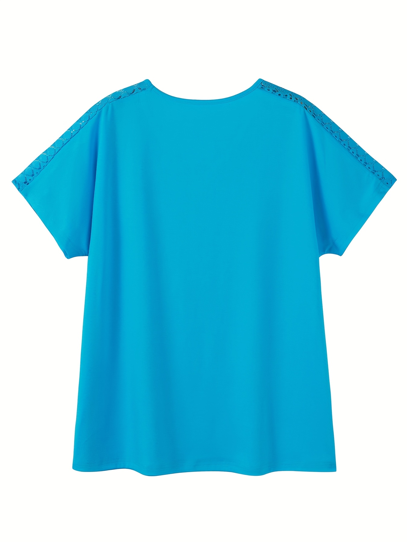 Women'S Plus Size 2024 Summer Fashion V-Neck T-Shirt - Pink with Lace Detail, Short Sleeve, Lightweight & Stretchy Fabric, Casual Wear, Casual Wear Tee | Lace Trim Top | Comfortable Fit, Plus Size Shirts