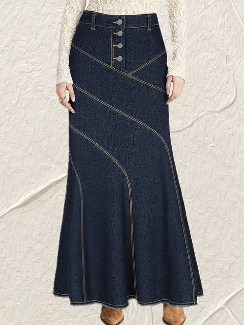 vintage high-waisted mermaid denim rok voor vrouwen, ontworpen om de heupen te en te vormen, met hoge elasticiteit en een flatterende lange rok