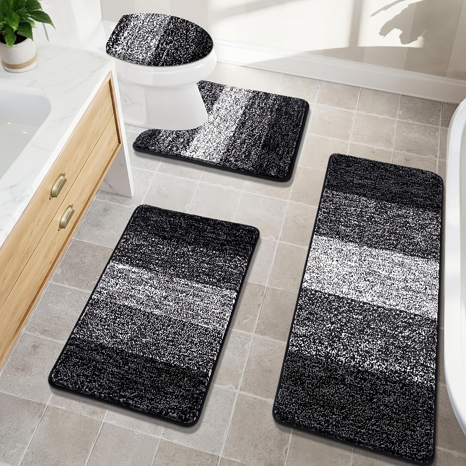TEMU 4pcs Non-slip Bath Rug Mat Suitable For Home Decor With Toilet Lid Cover, Thick Microfiber Shaggy, Absorbent Machine Washable Set, Soft Suitable