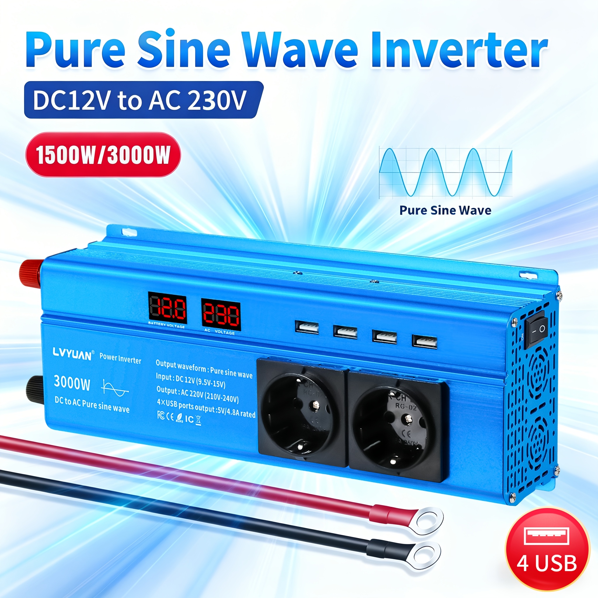Lvyuan 1500w Continuous 3000w Pure Sine Inverter, 12v To Ac 230v/240v Converter With 2 Eu Sockets, 4 Usb Ports, Led Display & Multiple Safety Protection For Car Rv Camping Off-grid Home Emergency Use