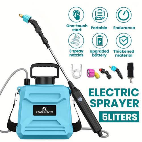 5l usb rechargeable electric sprayer featuring an adjustable nozzle strap and three spray heads a portable electric watering can in blue plastic ideal for application lightweight durable and stylish suitable for gardens and farml