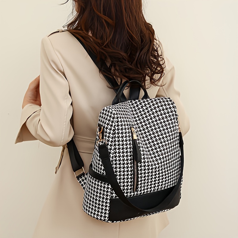 Bandolera de cuadros Houndstooth, mochila con cremallera para mujer, bolso grande casual de gran capacidad ideal para trabajo, estudio y compras - Imagen 2
