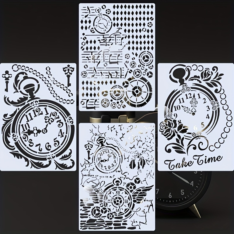 

4pcs Clock Design A4 Painting Stencils Set, 8.27x11.69" - Reusable & Washable For Diy Art, Scrapbooking, Crafts & Home Decor