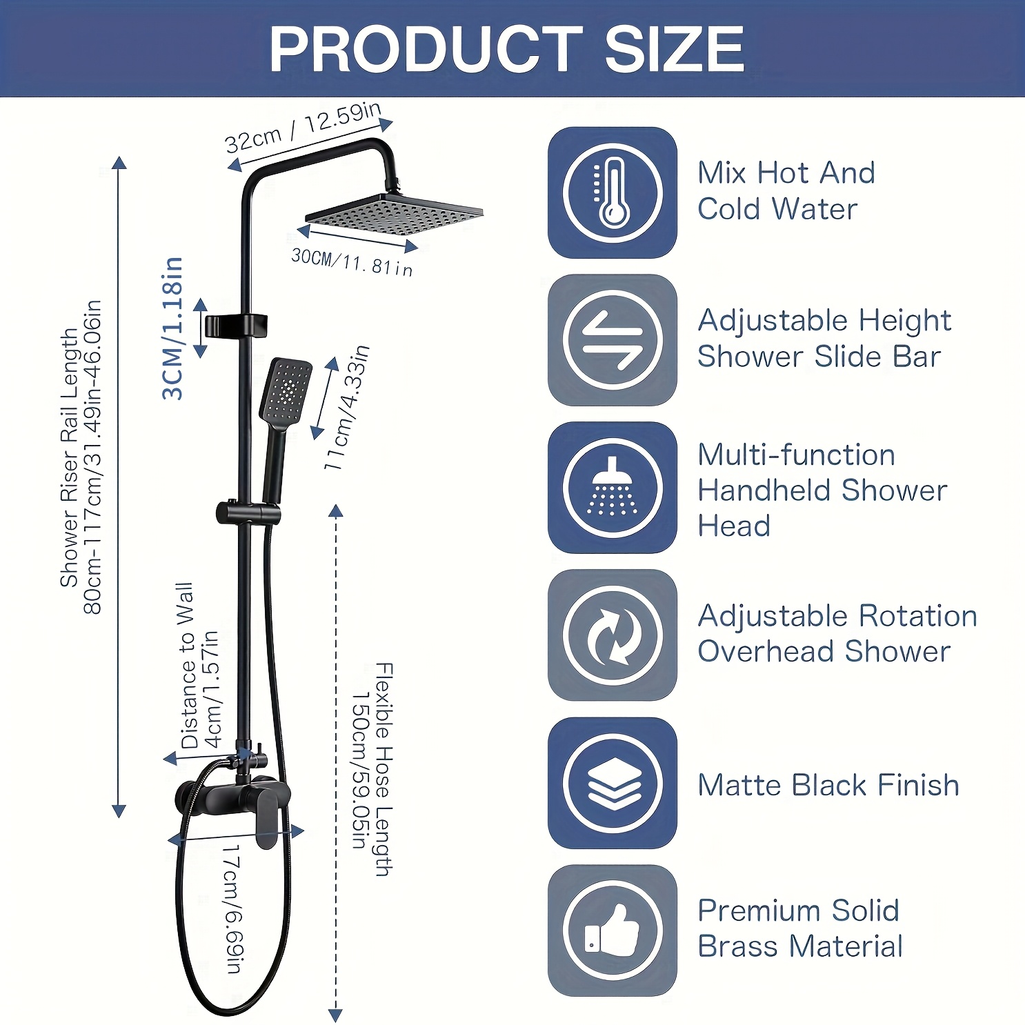 Shower System with Mixer Tap, Adjustable Rain Shower Set