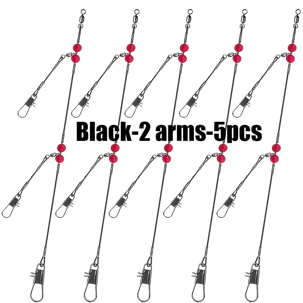 TEMU 5pcs Stainless Steel Fishing Wire Leader Rigs, Single/double Arm With Swivels, Snaps And Red Beads, Pre-rigged Tackle For Fishing