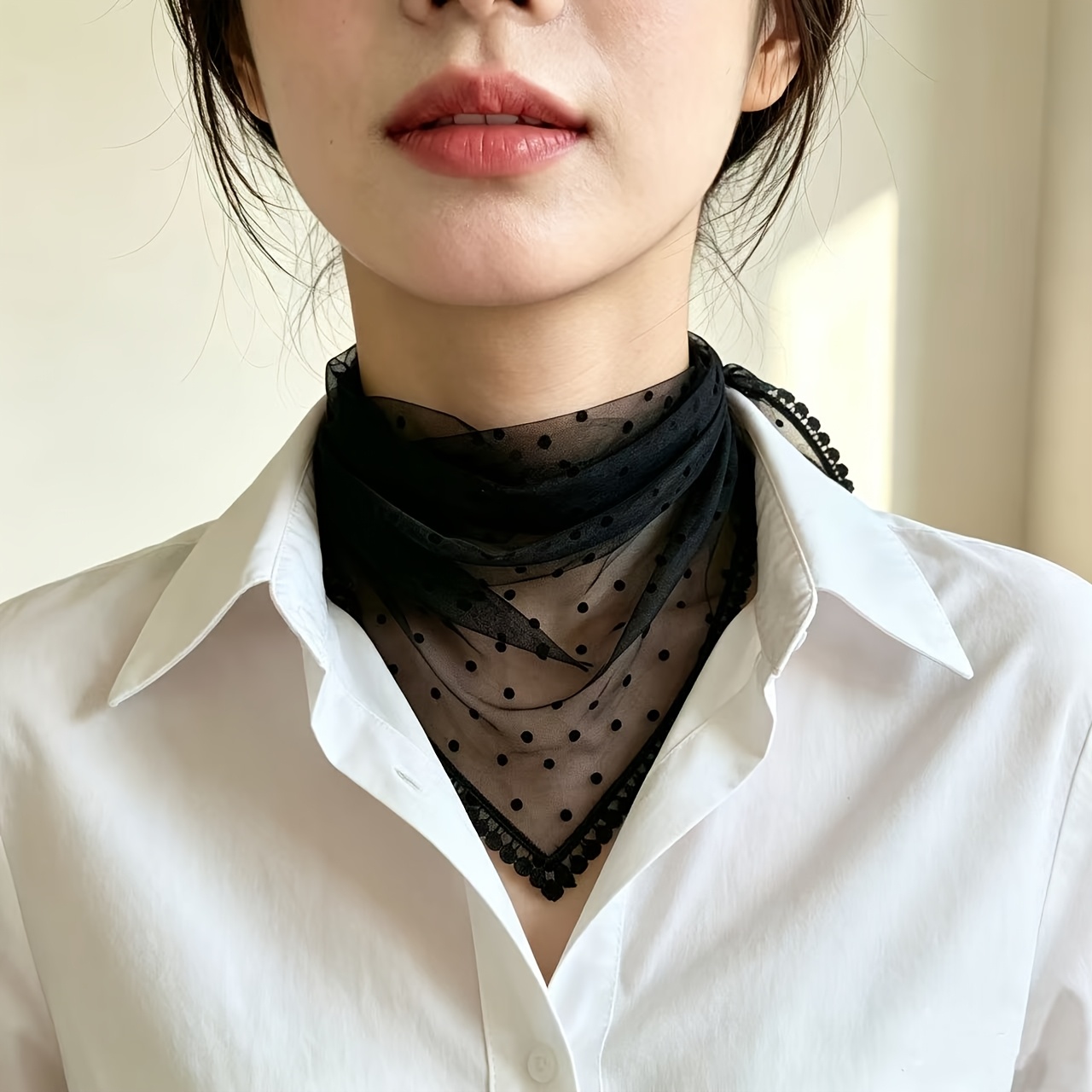 Black Lace Ruffled Polka Dot Scarf, Triangular Neck Scarf