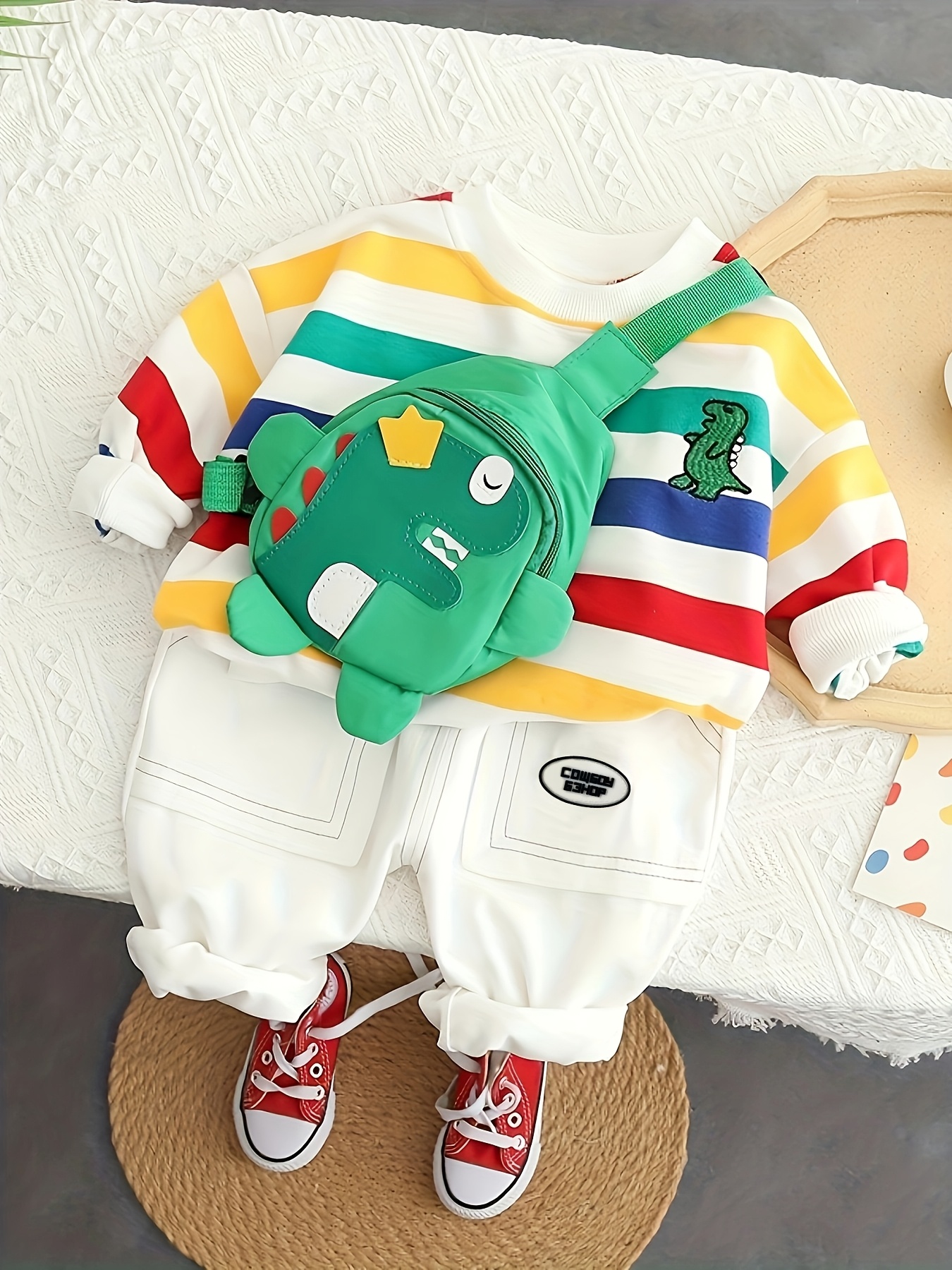 Children's autumn clothing, boys and girls, 2024 autumn clothing boys set striped round neck jeans 2pcs set with bag, Perfect for Outdoor - Image 5