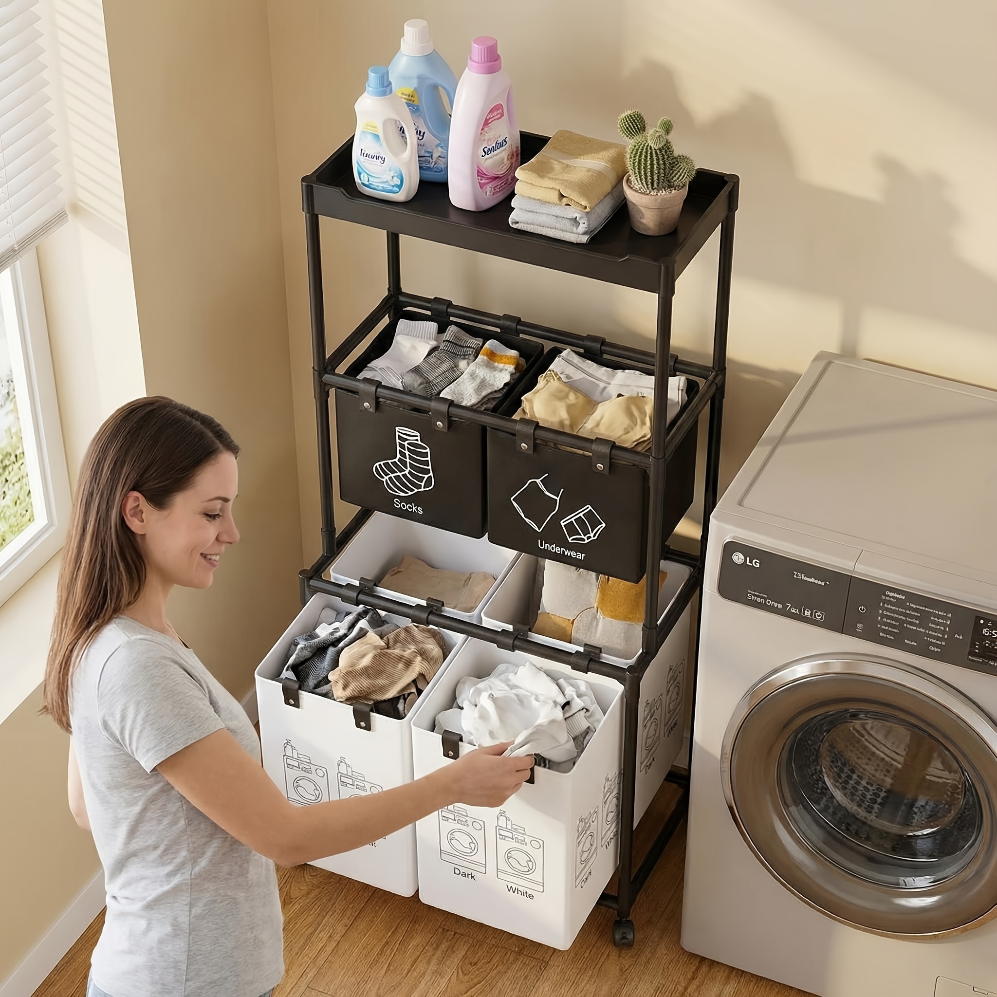 rolling laundry basket organizer metal frame fabric bin 57x44x128  white laundry baskets Product details 1