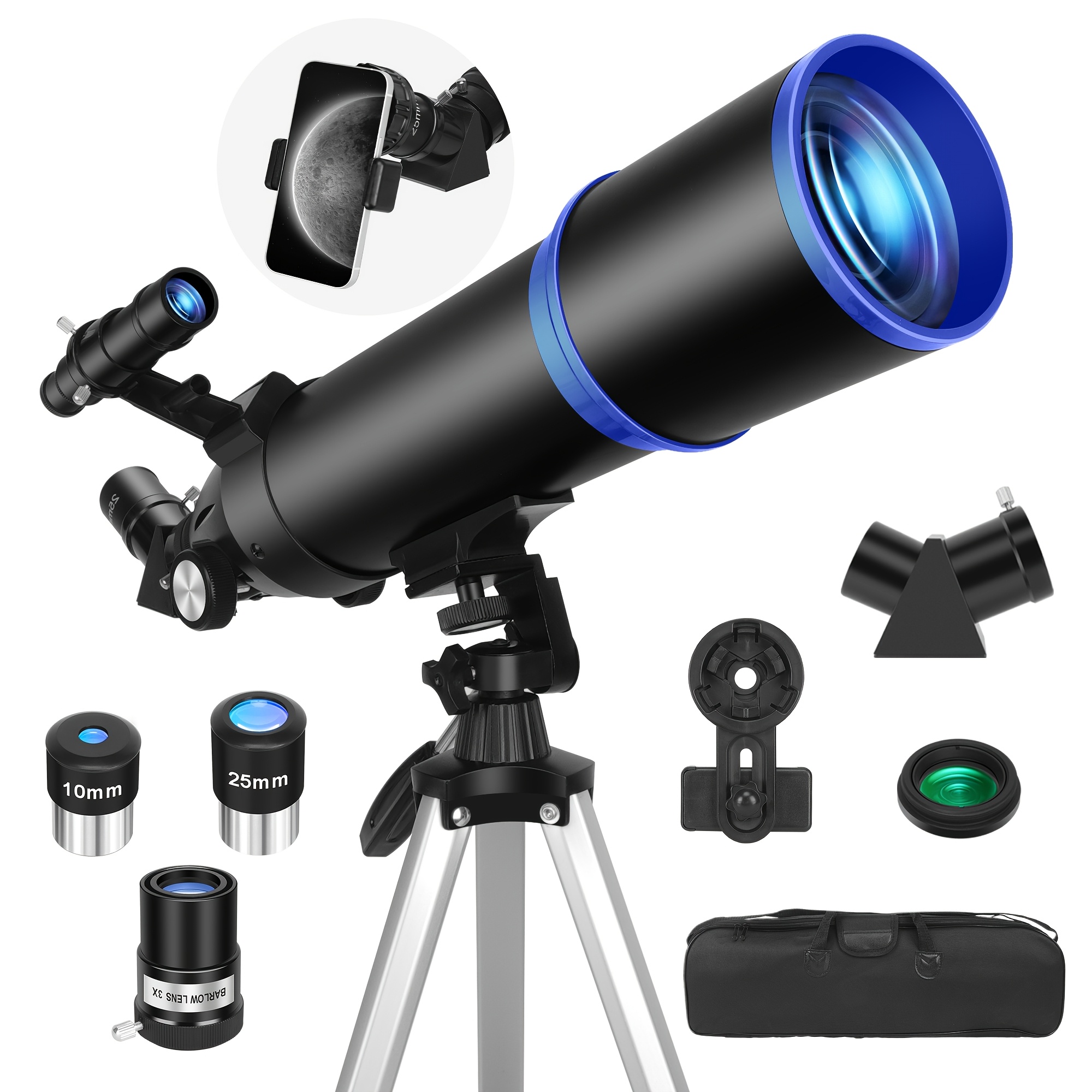 Teleskop z 80 mm aperturo in 600 mm daljnometrijo, zasnovan za odrasle začetnike v astronomiji - prenosen z visoko prenosnostjo premazov in