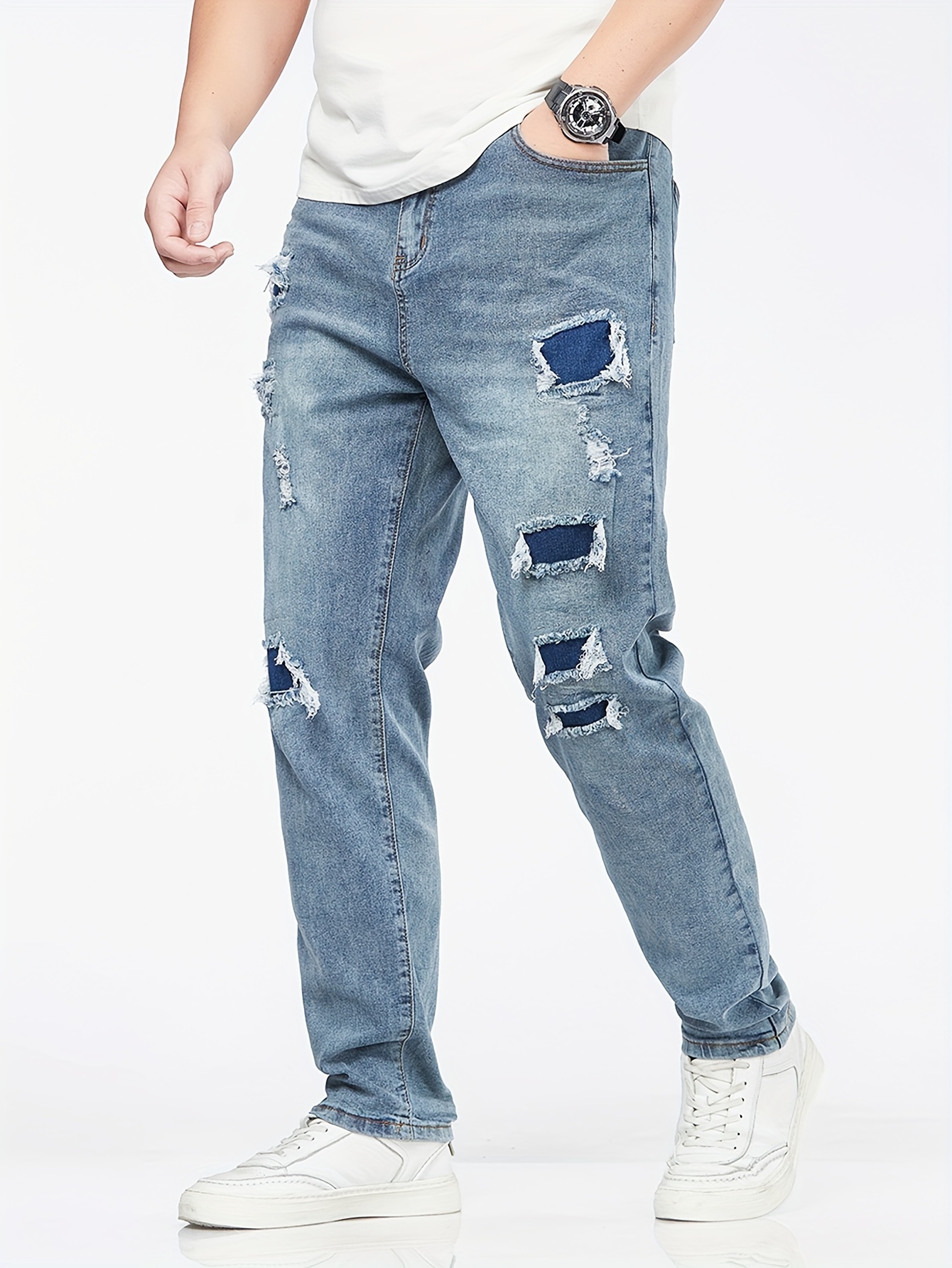 1pc Men'S Plus Size Denim Jeans, Casual Skinny Fit with Pockets, All-Season Solid Color, Medium Stretch Woven Fabric, Ripped Design