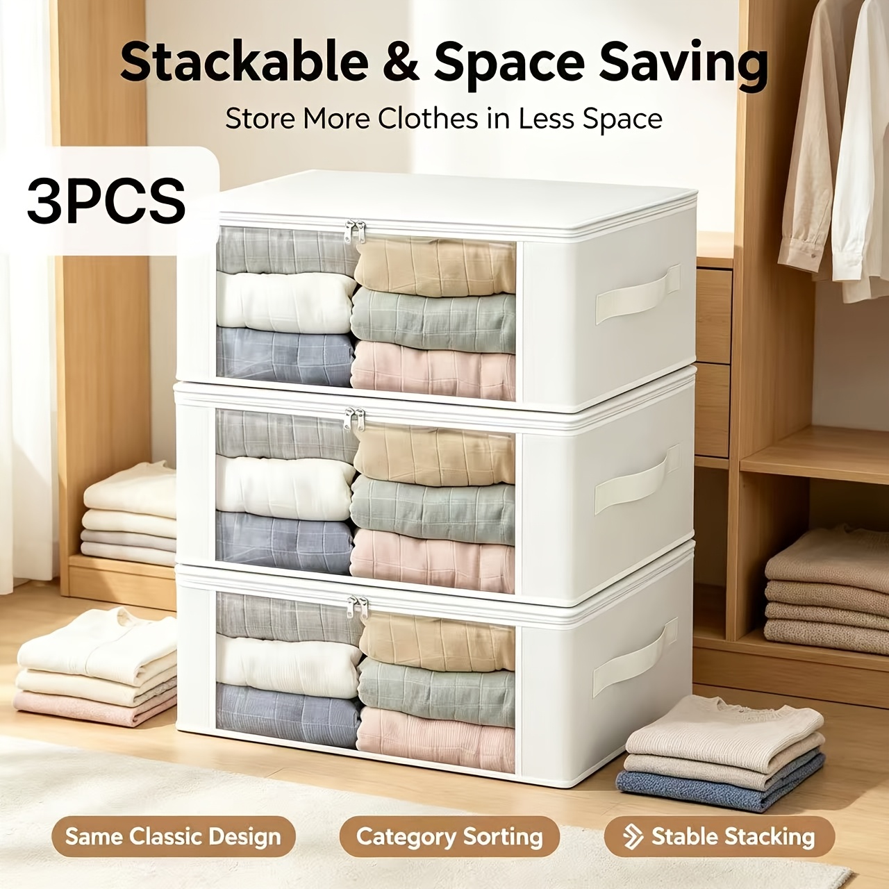 TEMU 3pcs Home Multifunctional Fabric Storage Boxes With Transparent Windows For Easy Item Retrieval, Stackable Bedside And Closet Organizer For