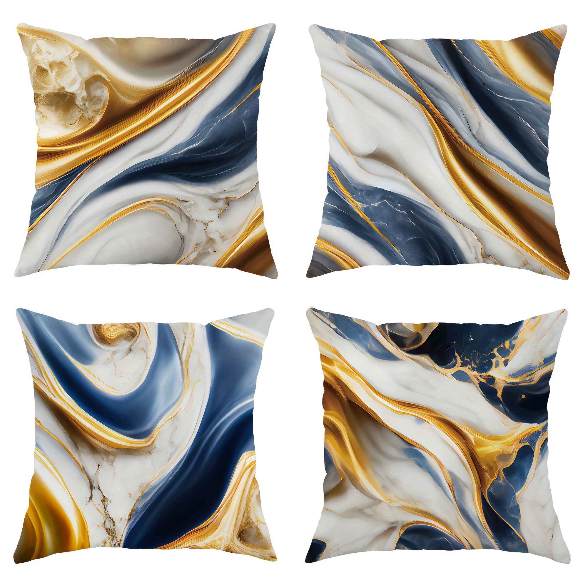 

4-pack Contemporary Abstract Marble Velvet Throw Pillow Covers, 18x18 Inch, Machine Washable, Zipper Closure, Decorative Pillowcases For Living Room, Sofa, Bedroom - Polyester, Gold White Blue