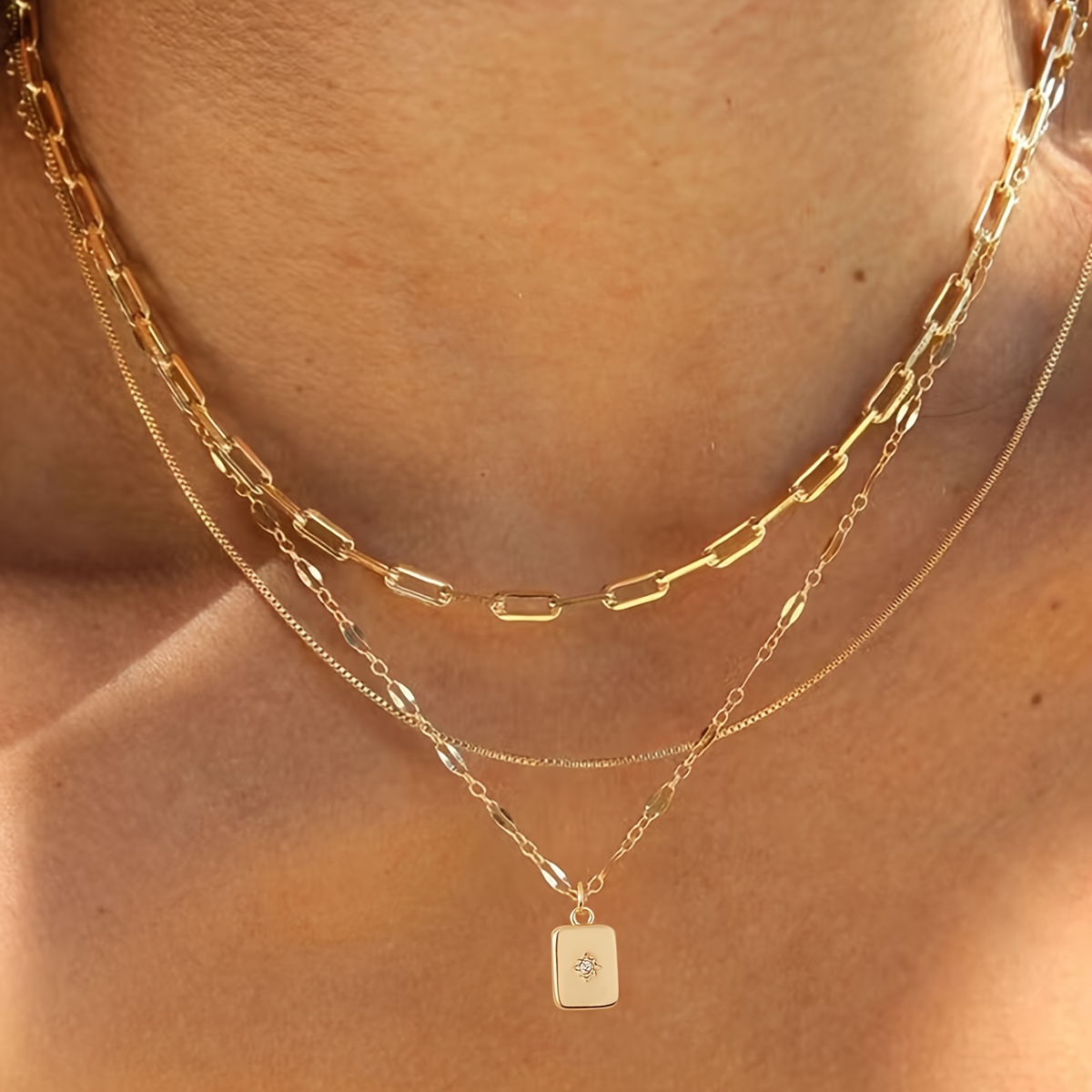 3pcs Trendy Light Luxury Inlaid Synthetic Synthetic Zirconia Star Rectangle Pendant Layered Chain Necklace Set For Women, Suitable For Daily Wear And Gift