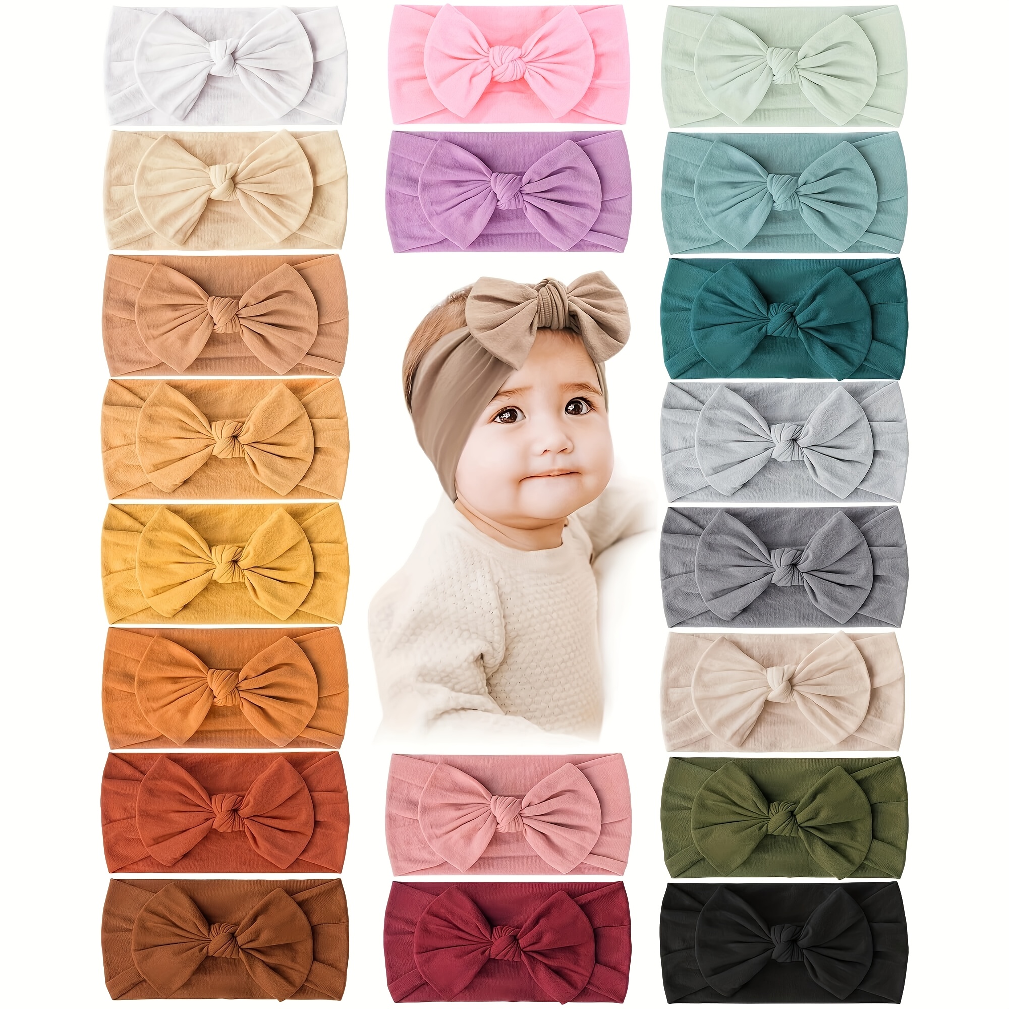 

20-pack Nylon High Bow Headbands For Toddlers, Comfortable Soft Solid Color Hair Accessories