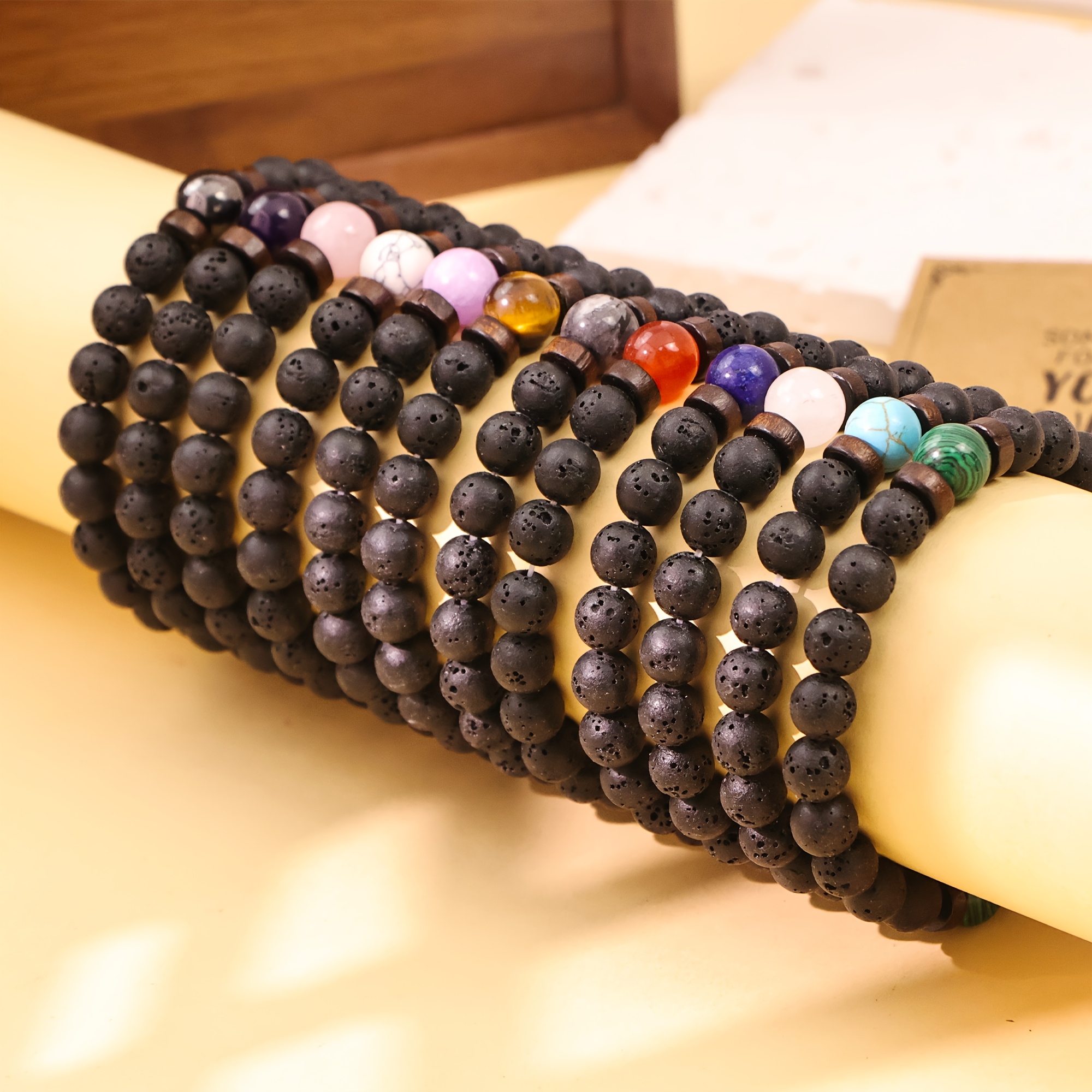 12pcs Vintage Black Natural Stone Bracelet Set