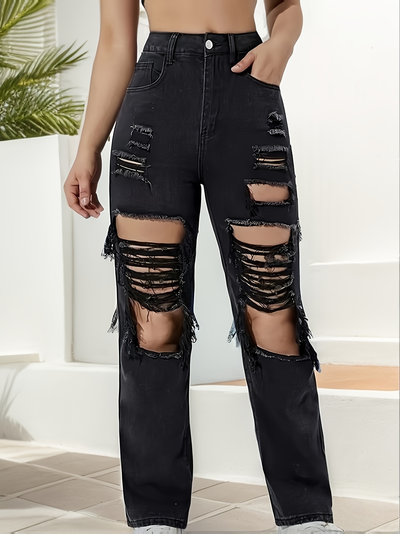 High Rise Distressed High Stretchy Skinny Jeans, High Waist Black Ripped  Denim Pants, Women's Denim Jeans & Clothing