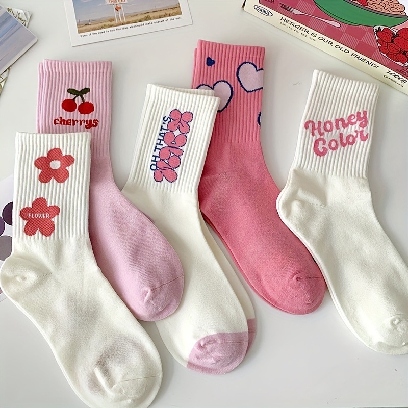 

5 Pairs Pink Floral & Heart Socks, Cute College Style Mid Tube Socks, Women's Stockings & Hosiery