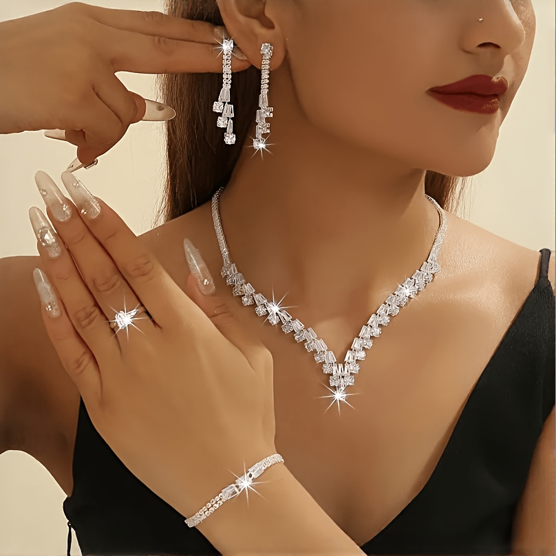 TEMU Ensemble de 5 pièces : Boucles d'oreilles, Bague, Collier, Pendentif, Bracelet, Parure de bijoux carrés élégants pour femme