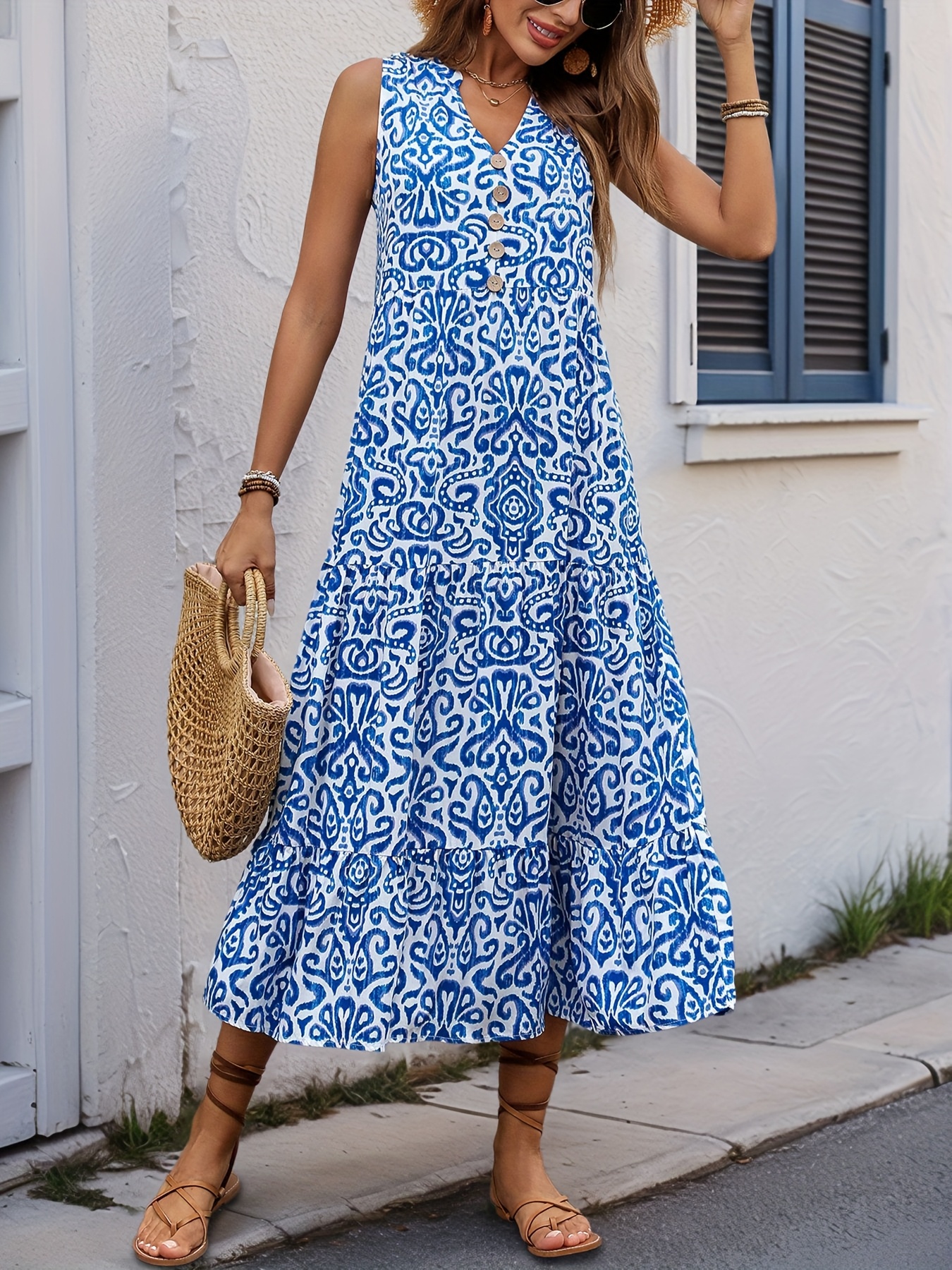 new summer womens vacation sleeveless casual french dress with v neck and button print blue 0