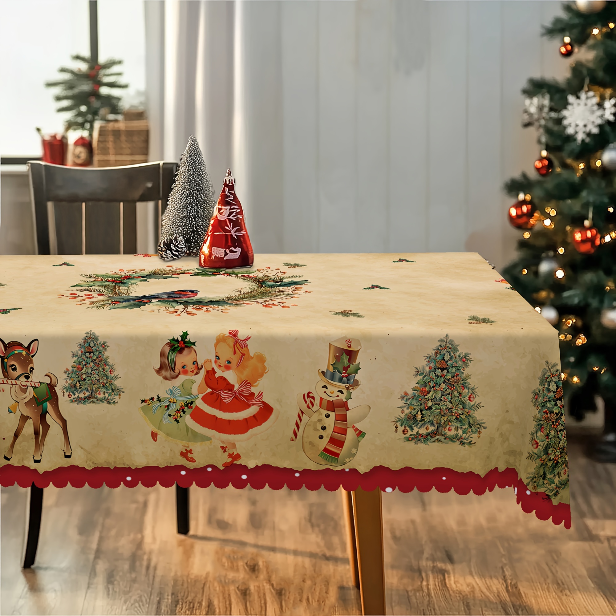 

Merry Christmas Tablecloth - Vintage Farmhouse Theme With Dancing Girl, Snowman & Reindeer Designs | Waterproof & Wrinkle-resistant Polyester | Perfect For Holiday Gatherings & Decor