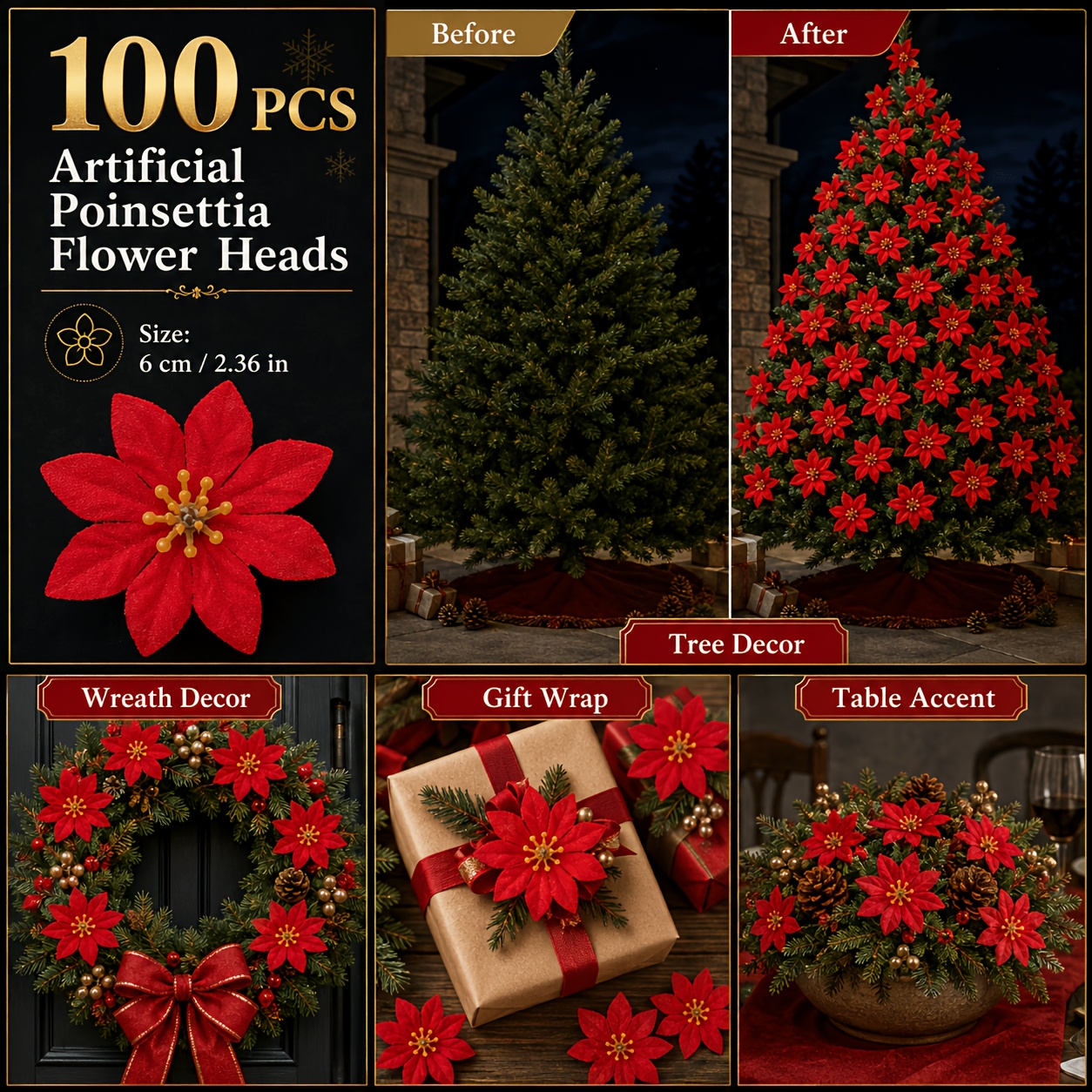 TEMU 100 pièces Têtes de fleurs de poinsettia artificielles de Noël de 2,36 pouces, adaptées pour les décorations de sapin de Noël, les couronnes de