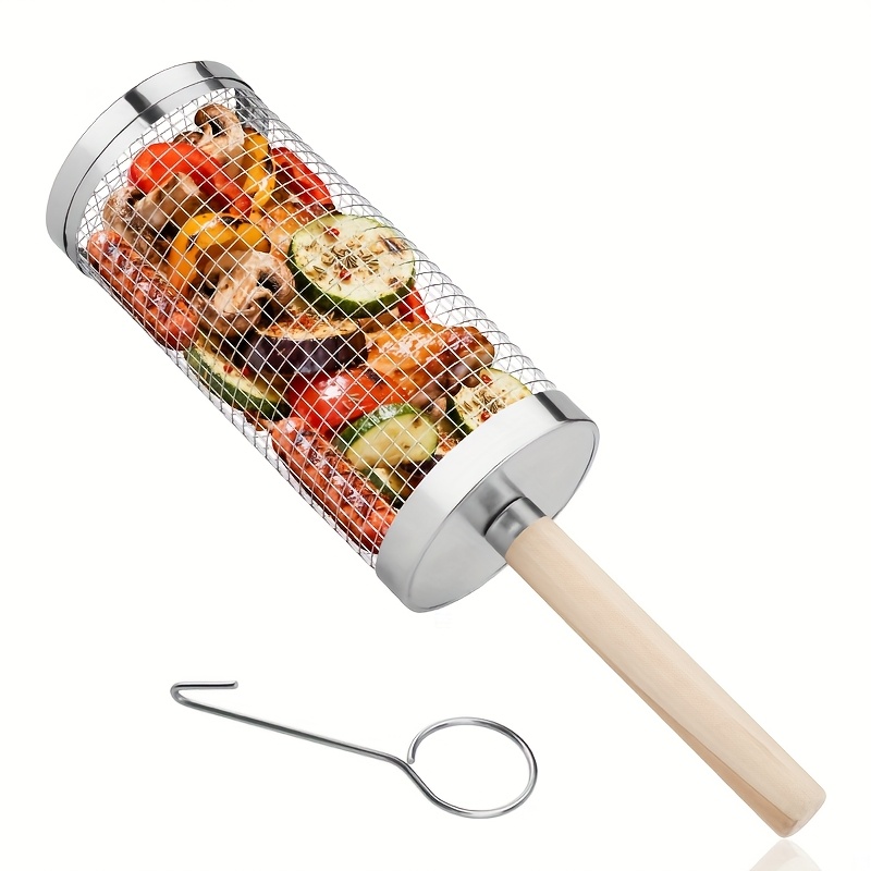TEMU 1 Pièce Panier de BBQ en Acier Inoxydable avec Poignée en Bois, Design en Filet Roulant pour Légumes, Bœuf et Crevettes, Cuisine en Extérieur