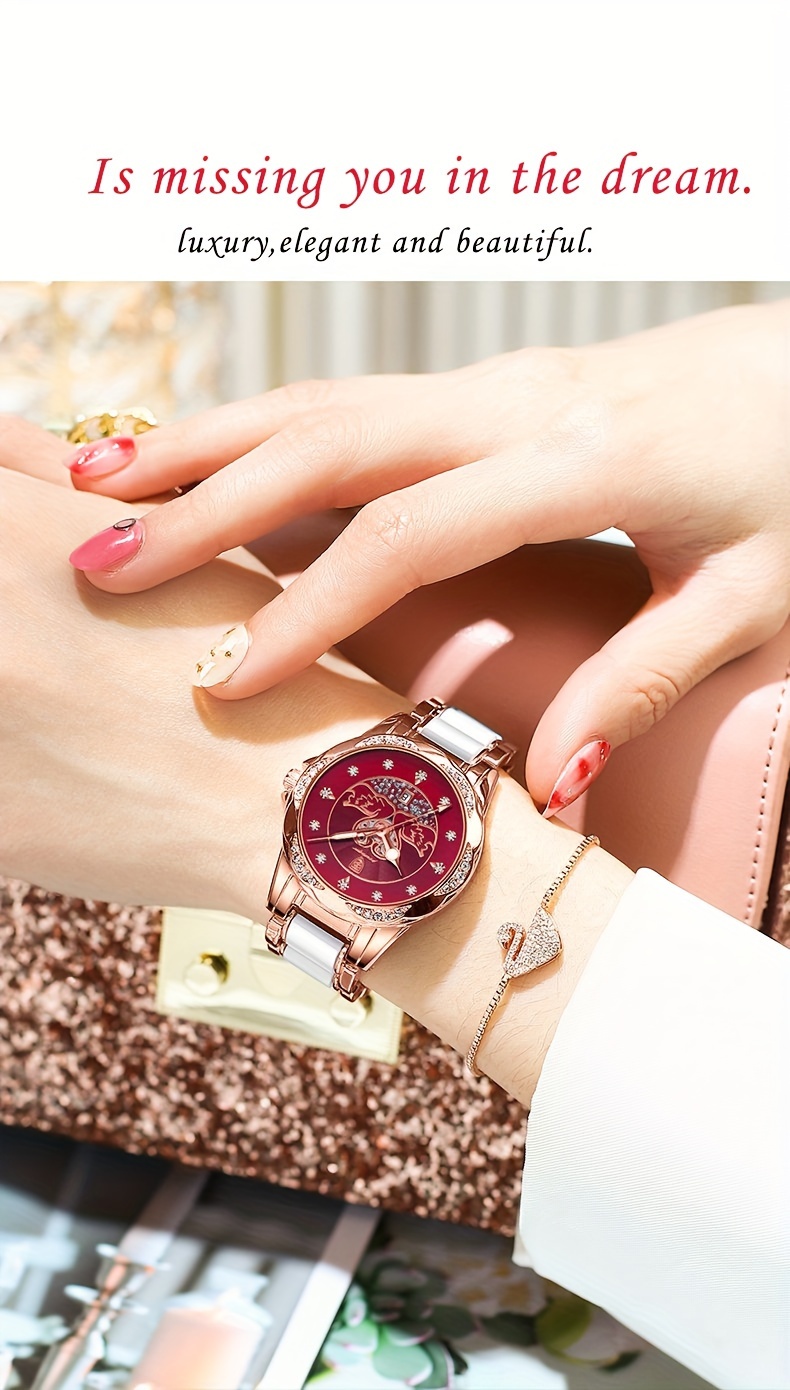 elegant womens quartz watch stainless   calendar feature fashionable design with pink and white accents casual wristwatch elegant   precise   alloy case watch details 5