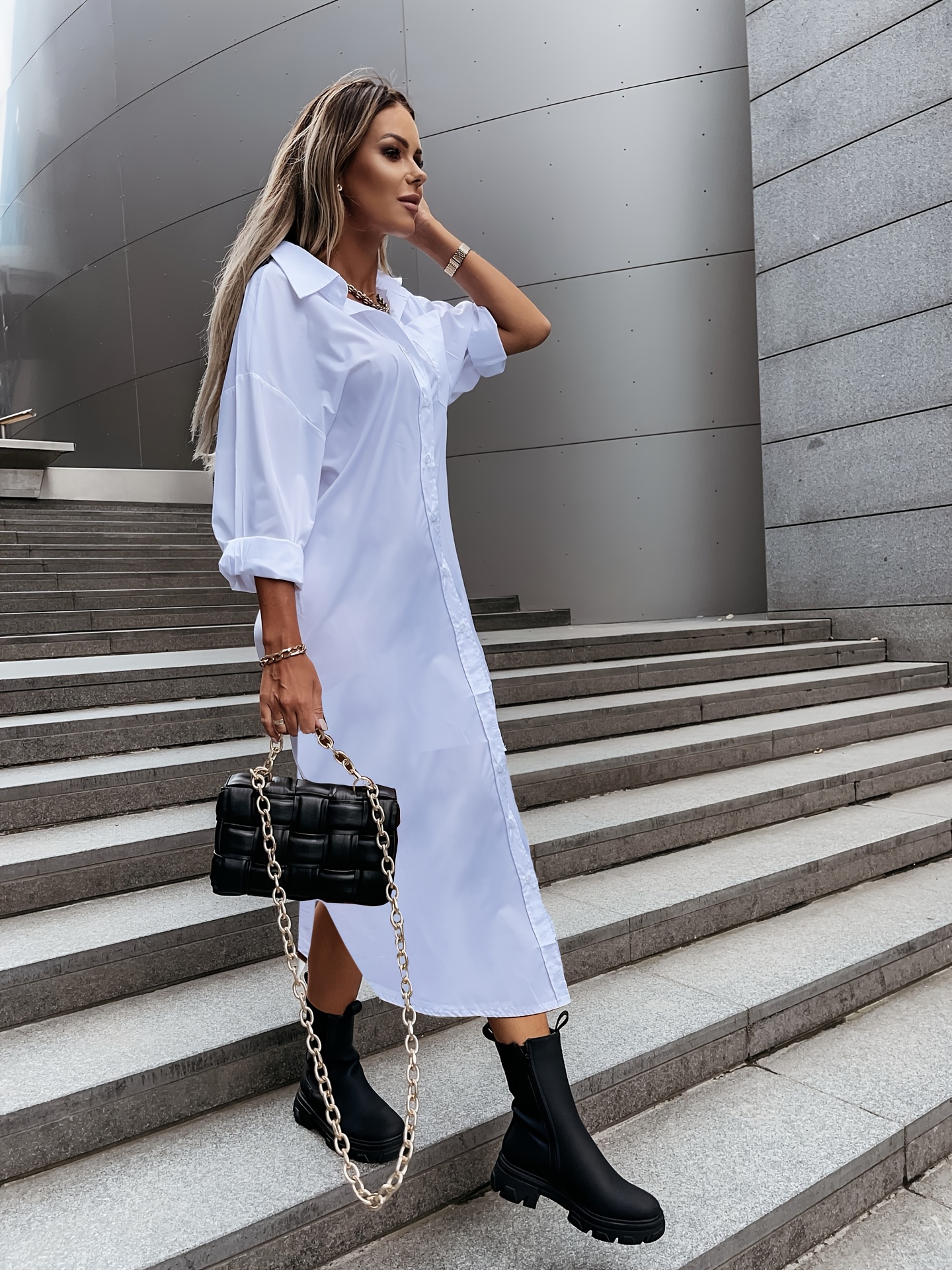 strapless open back dress Stand Collar Shirt Dress main image 1