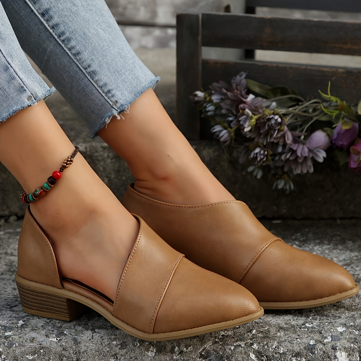 Brown Low Heel Pointed Toe Ankle Shoes Brown Side-zippered Low-heel Ankle  Boots With Pointed