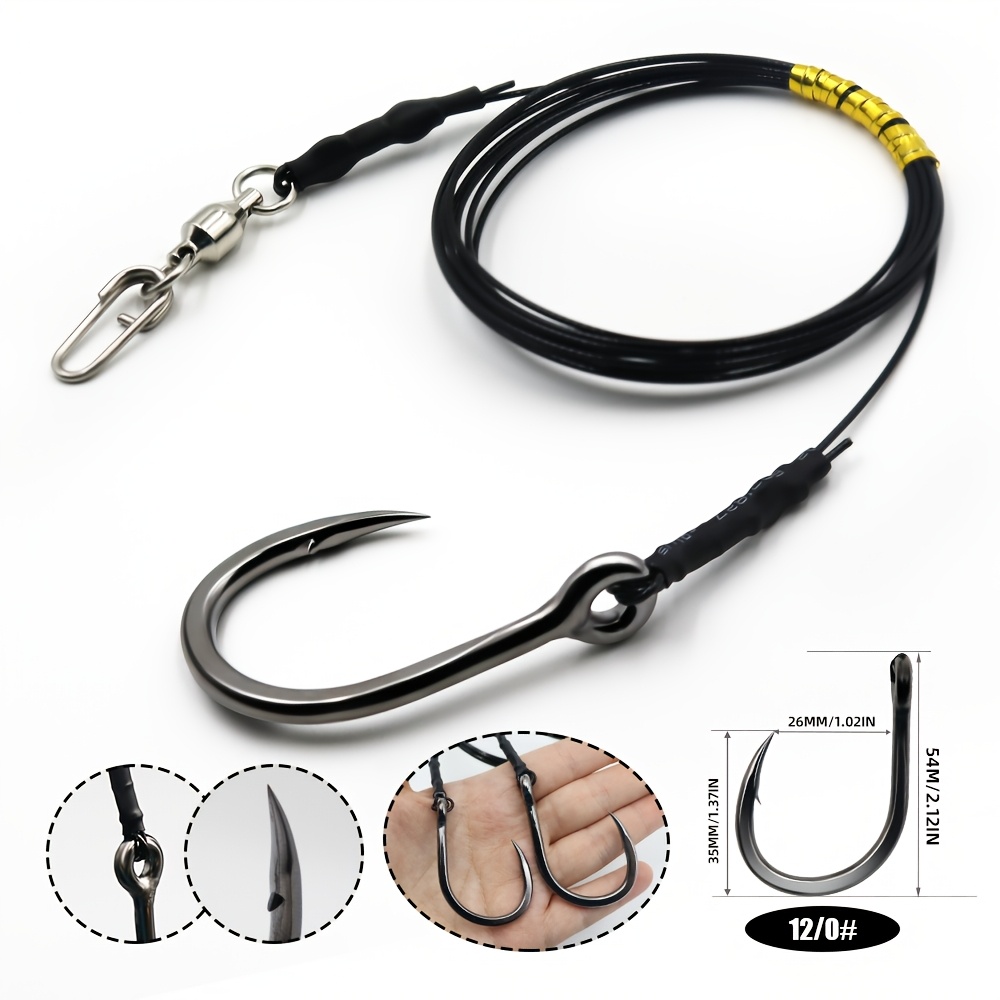 TEMU 1pc de Pesca Montaje de Anzuelos de 2M/6.56Ft 49 Hilos Acero Recubierto Negro con Anzuelos de Pesca 10/0# 12/0# Adecuado para Atún, , , Marlín,