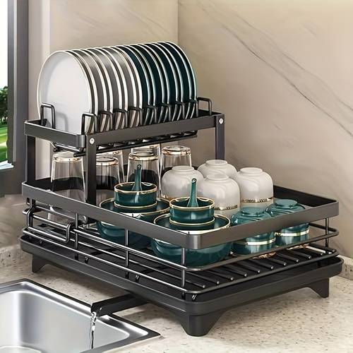 two tier large metal carbon steel dish rack suitable for kitchen counter space saving and durable rust proof large 2 tier metal dish rack with cutlery and cup holder and