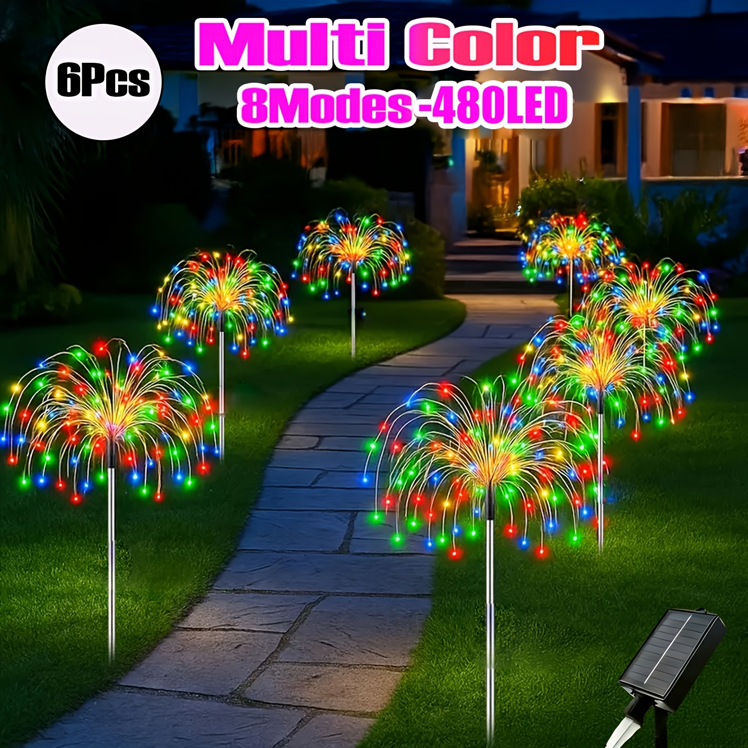 TEMU 6pcs 480 Led Outdoor Solar Fireworks Lights, 8 , Ip65 Waterproof, Diy Solar Decorative Smart Lights For Outdoor Lawn Lighting, Patio, Deck,